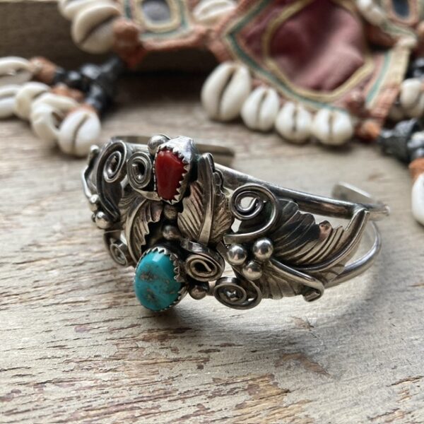 Vintage Navajo sterling silver, turquoise and coral cuff bangle