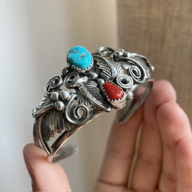 Vintage Navajo sterling silver, turquoise and coral cuff bangle