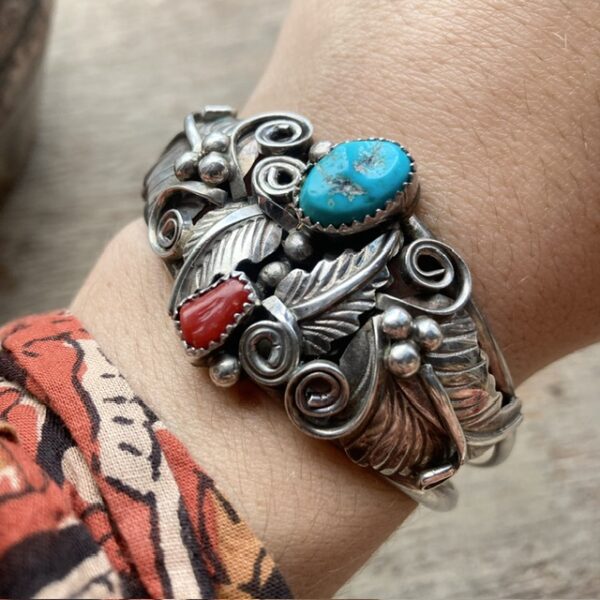 Vintage Navajo sterling silver, turquoise and coral cuff bangle