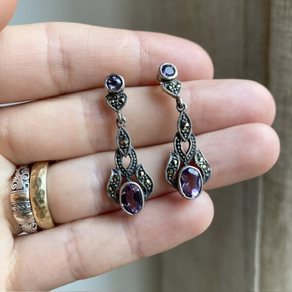 Vintage sterling silver marcasite and amethyst earrings