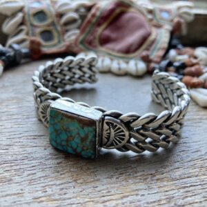 Vintage heavy sterling silver and turquoise Navajo bangle