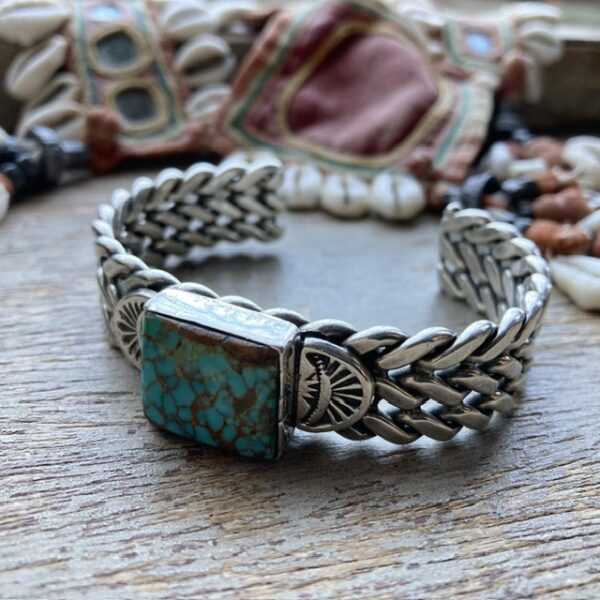 Vintage heavy sterling silver and turquoise Navajo bangle