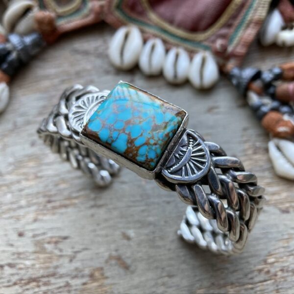 Vintage heavy sterling silver and turquoise Navajo bangle