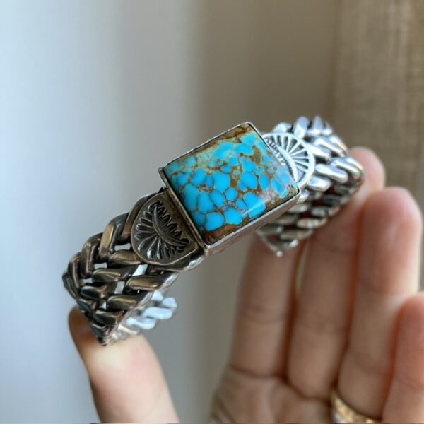 Vintage heavy sterling silver and turquoise Navajo bangle