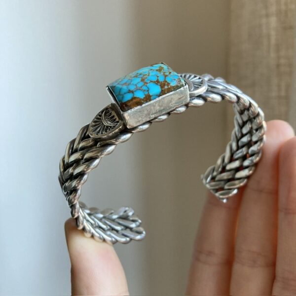 Vintage heavy sterling silver and turquoise Navajo bangle