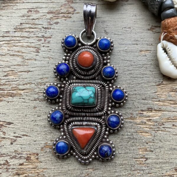 Vintage sterling silver turquoise, lapis lazuli and red coral pendant