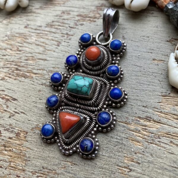 Vintage sterling silver turquoise, lapis lazuli and red coral pendant