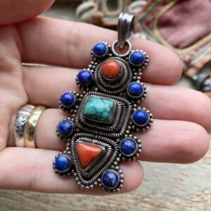 Vintage sterling silver turquoise, lapis lazuli and red coral pendant