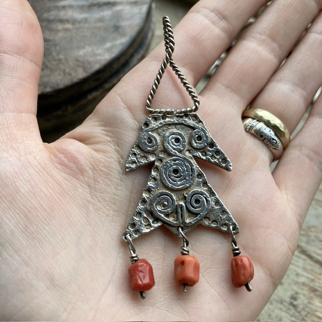 Vintage sterling silver and red coral pendant