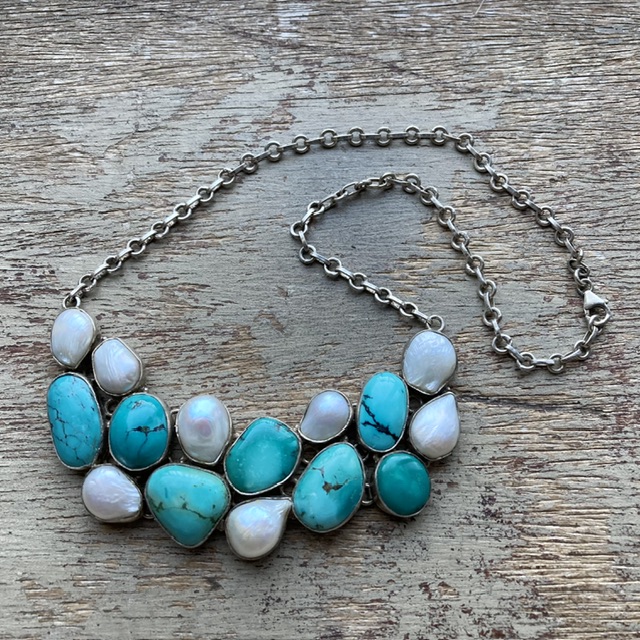 Vintage sterling silver, turquoise and pearl necklace