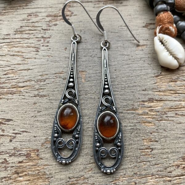 Vintage ornate sterling silver amber earrings