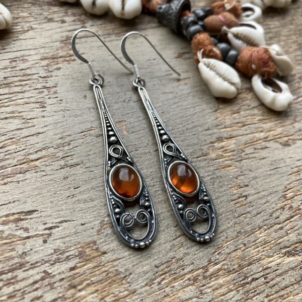 Vintage ornate sterling silver amber earrings