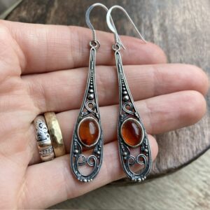 Vintage ornate sterling silver amber earrings