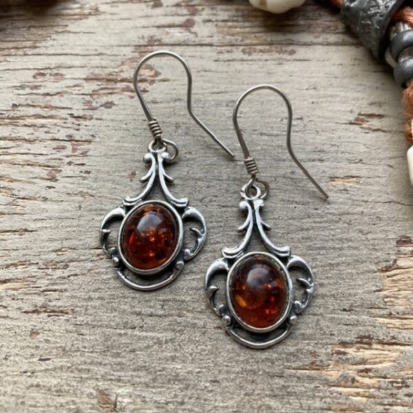 Vintage ornate sterling silver amber earrings