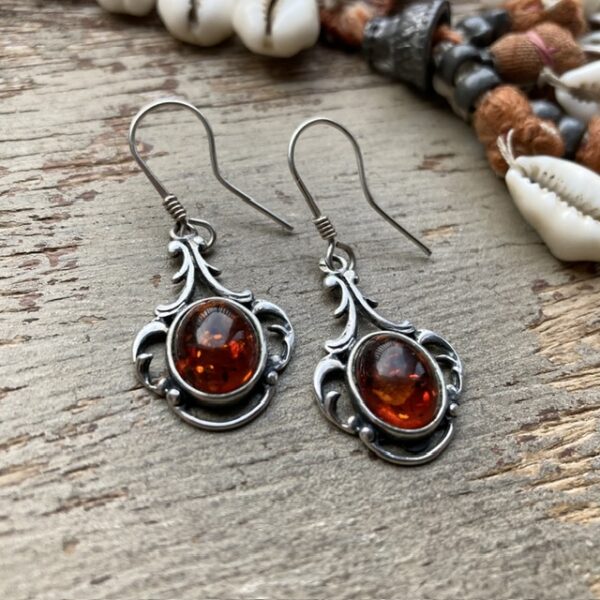 Vintage ornate sterling silver amber earrings