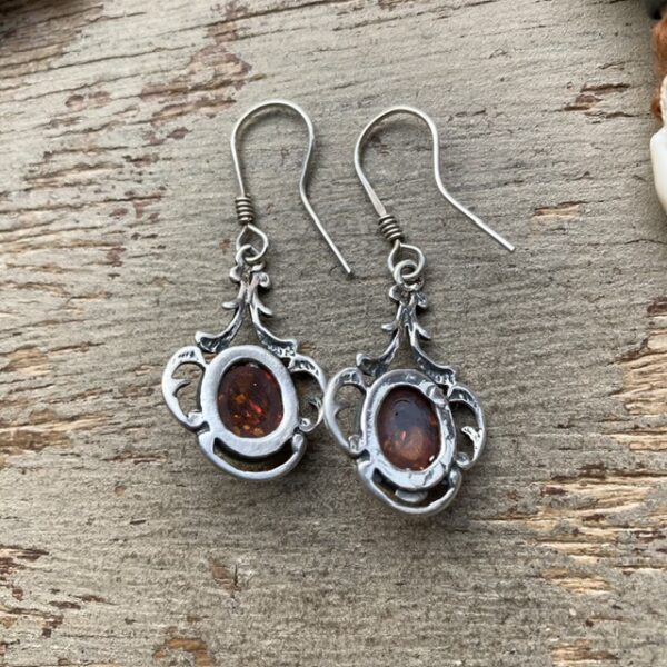 Vintage ornate sterling silver amber earrings