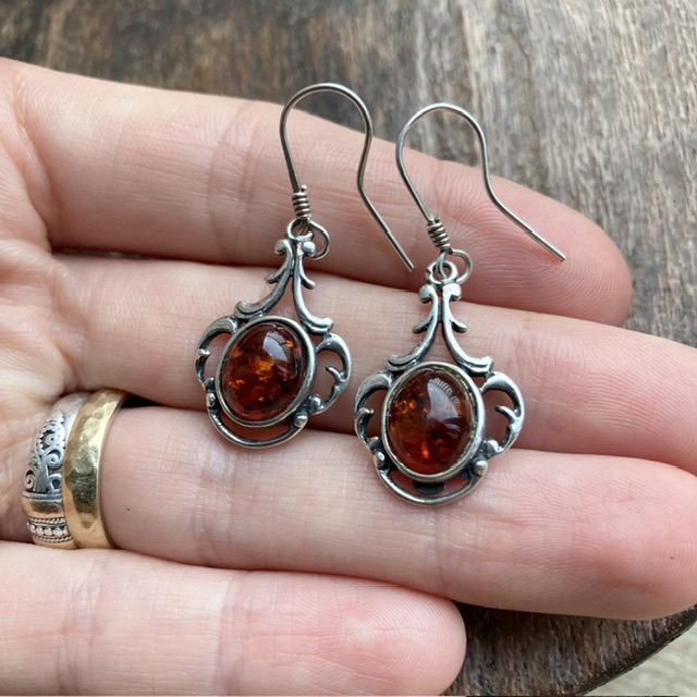 Vintage ornate sterling silver amber earrings