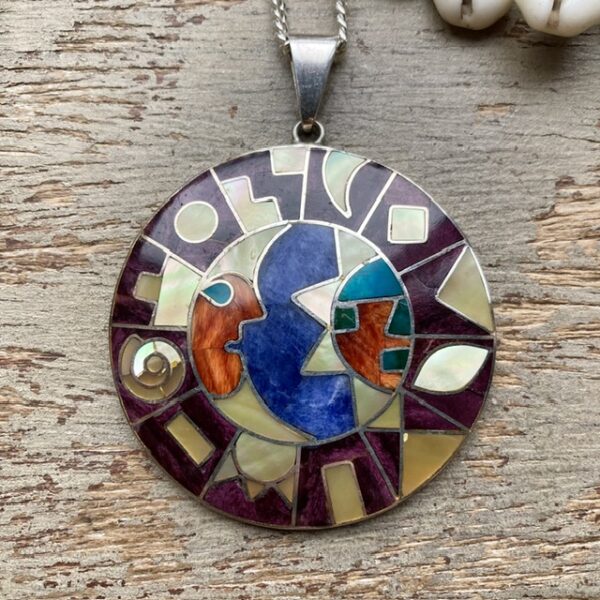 Vintage Mexican 950 silver inlaid celestial necklace