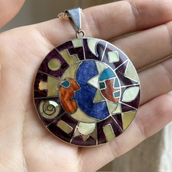 Vintage Mexican 950 silver inlaid celestial necklace