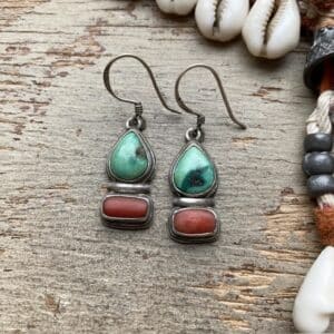 Vintage sterling silver, turquoise and red coral earrings