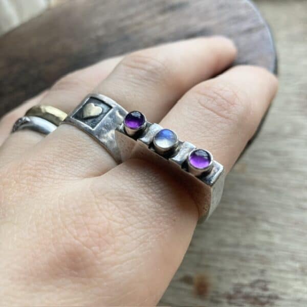 Sterling silver, amethyst and rainbow moonstone ring