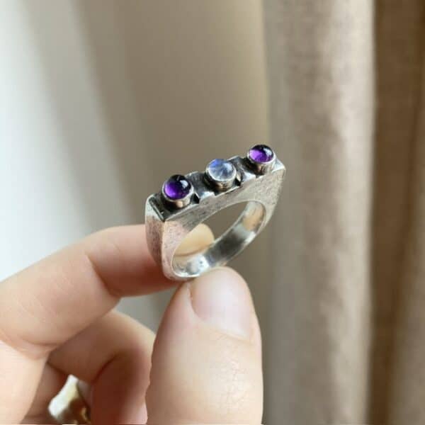 Sterling silver, amethyst and rainbow moonstone ring