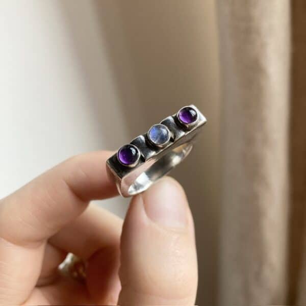 Sterling silver, amethyst and rainbow moonstone ring