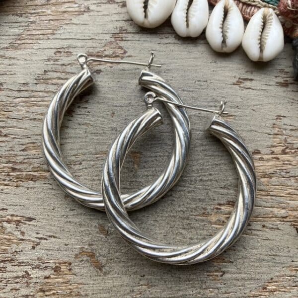 Vintage large sterling silver twist hoops