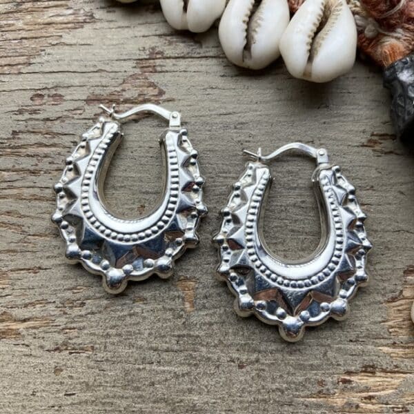 Ornate sterling silver Creole hoops