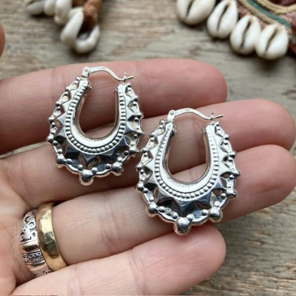 Ornate sterling silver Creole hoops