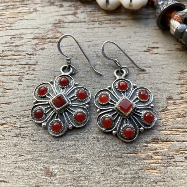 Vintage sterling silver and carnelian flower earrings