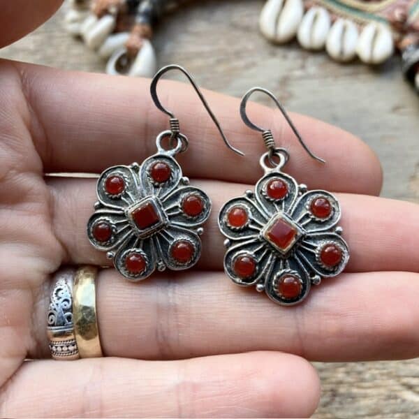 Vintage sterling silver and carnelian flower earrings